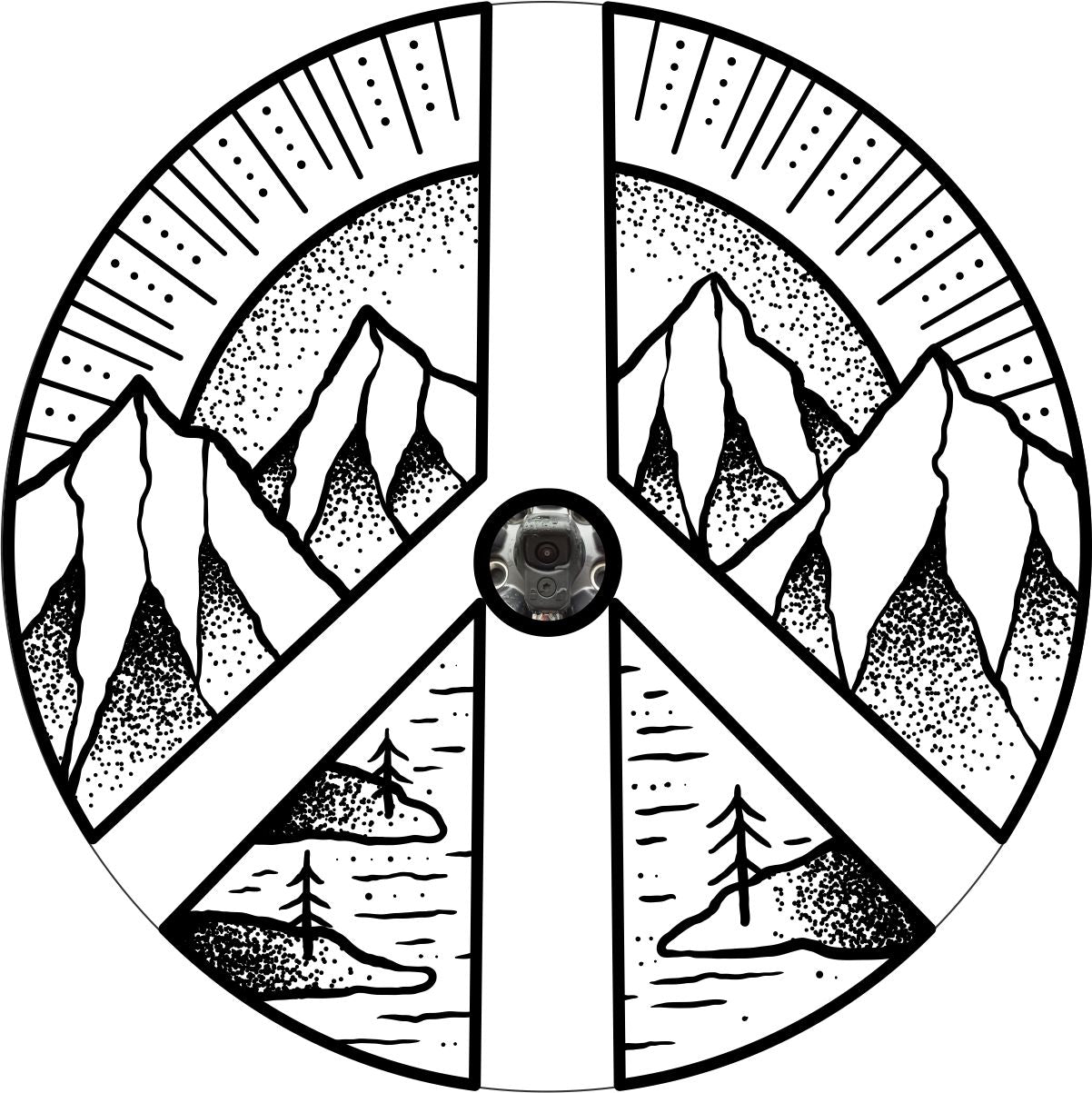 White vinyl spare tire cover with black shaded mountains covering seam to seam with a large peace sign going through the entire design to represent mountain peace. Design is made with a camera hole to accommodate a backup camera.