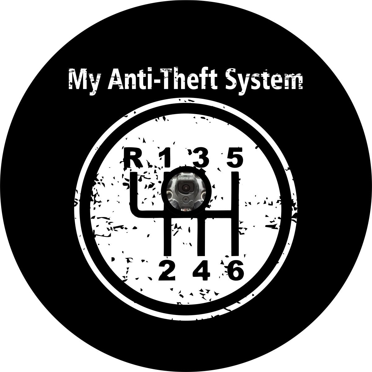 My anti-theft system and a diagram of a stick shift manual transmission spare tire cover design with a hole for a backup camera