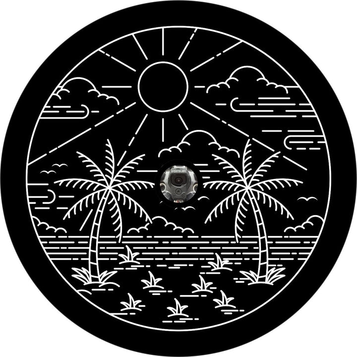 Black vinyl spare tire cover mock up design of a tropical beach made from white line art design. Sun shining down over the water and palm trees on the beach. Design shows a hole to accommodate and backup camera.