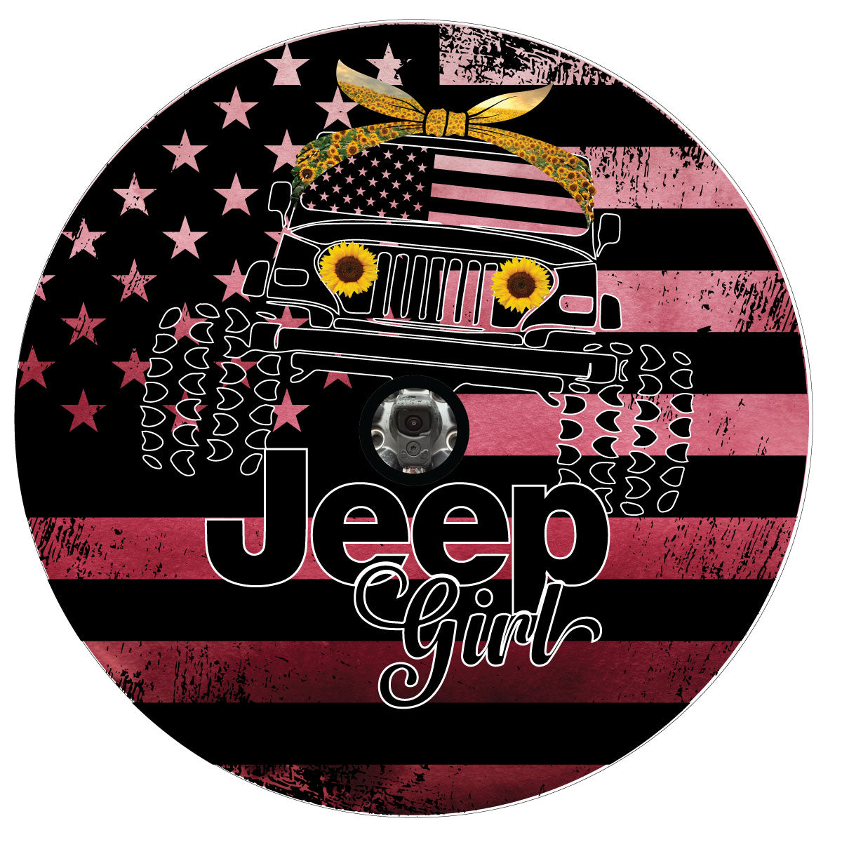 Spare tire cover design for a Jeep Wrangler of a Pink ombre rustic American flag background, Jeep Wrangler silhouette with an American flag windshield, wearing a sunflower headband and sunflower headlights and the words Jeep Girl across the bottom and a hole for a camera port on Jeeps with back up cameras. 