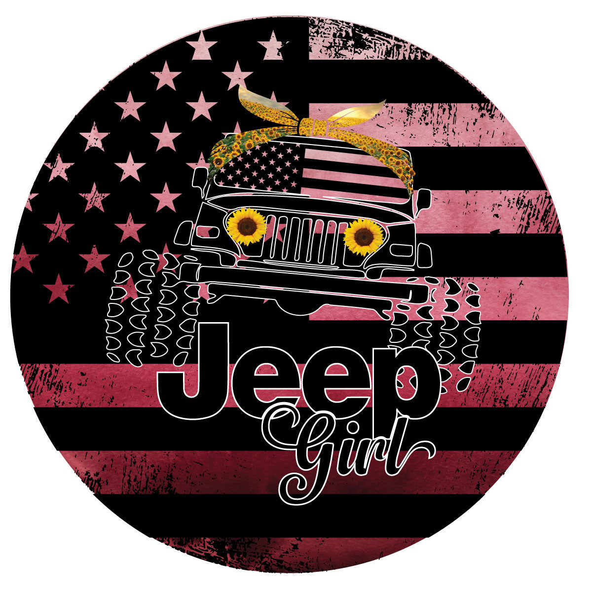 Spare tire cover design for a Jeep Wrangler of a Pink ombre rustic American flag background, Jeep Wrangler silhouette with an American flag windshield, wearing a sunflower headband and sunflower headlights and the words Jeep Girl across the bottom.