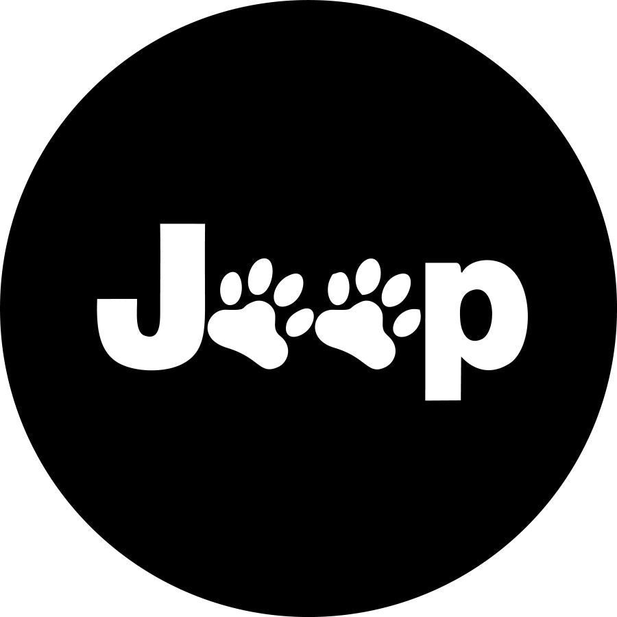 Black spare tire cover for Jeep Wrangler with two paw prints between a J and P to create a cute look for the traditional Jeep look. 
