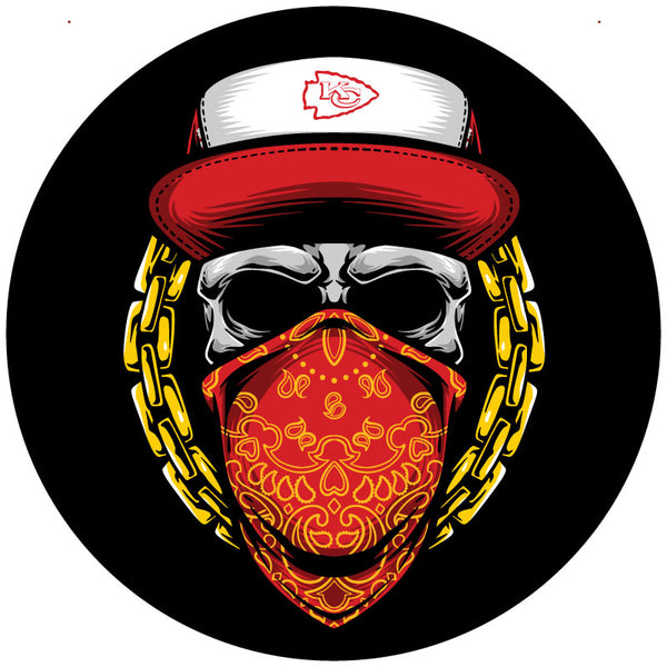 A skull wearing a red and yellow bandana and a red Kansas City Chiefs hat design for a spare tire cover on a Jeep, Bronco, Camper, RV, Van, and more.