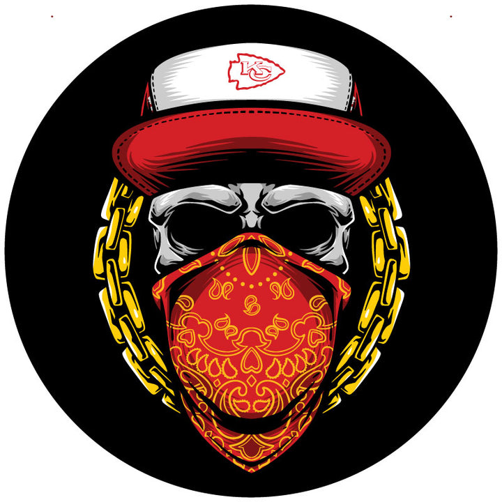 A skull wearing a red and yellow bandana and a red Kansas City Chiefs hat design for a spare tire cover on a Jeep, Bronco, Camper, RV, Van, and more.