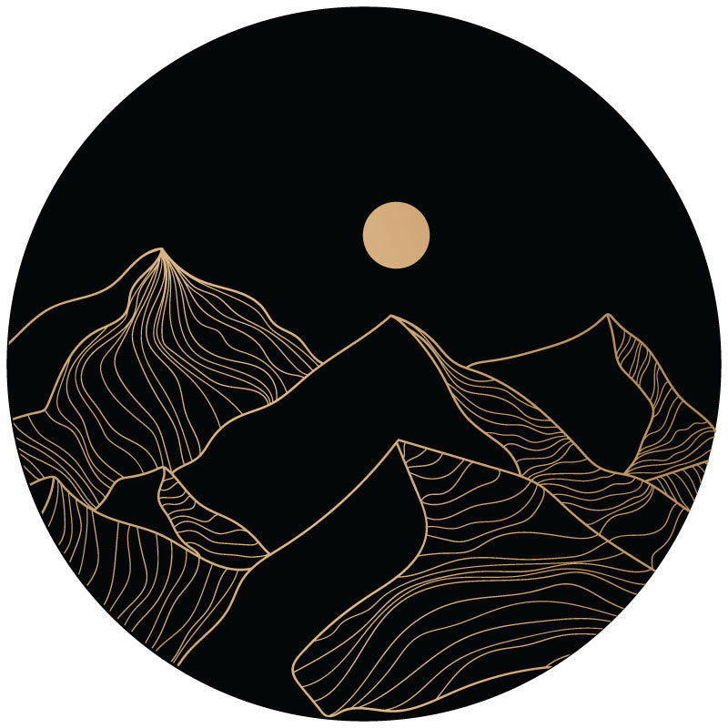 Mock up design of a black vinyl spare tire cover with a linear hand drawn mountain landscape and the sun or full moon hung in the sky.
