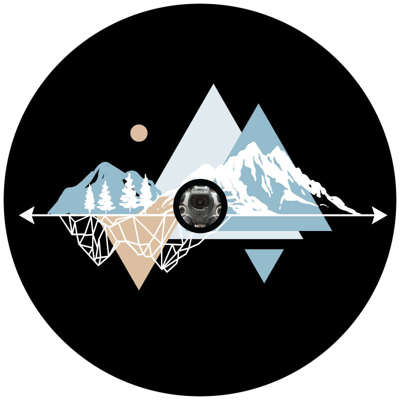 A mockup example of a unique and creative geometric and linear mountain landscape graphic design for a black vinyl spare tire cover with a backup camera hole for spare wheels that have cameras