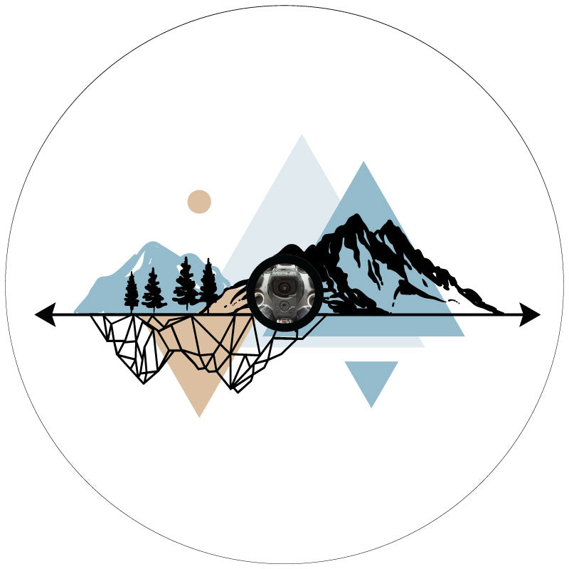 A mockup example of a unique and creative geometric and linear mountain landscape graphic design for a white vinyl spare tire cover with a backup camera hole for spare wheels that have cameras