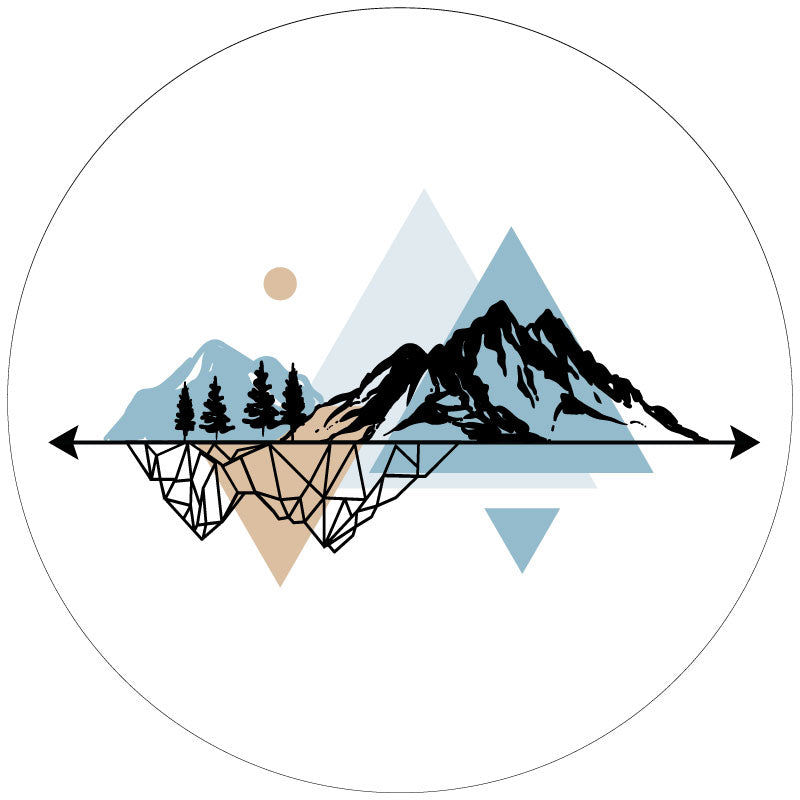 A mockup example of a unique and creative geometric and linear mountain landscape graphic design for a white vinyl spare tire cover