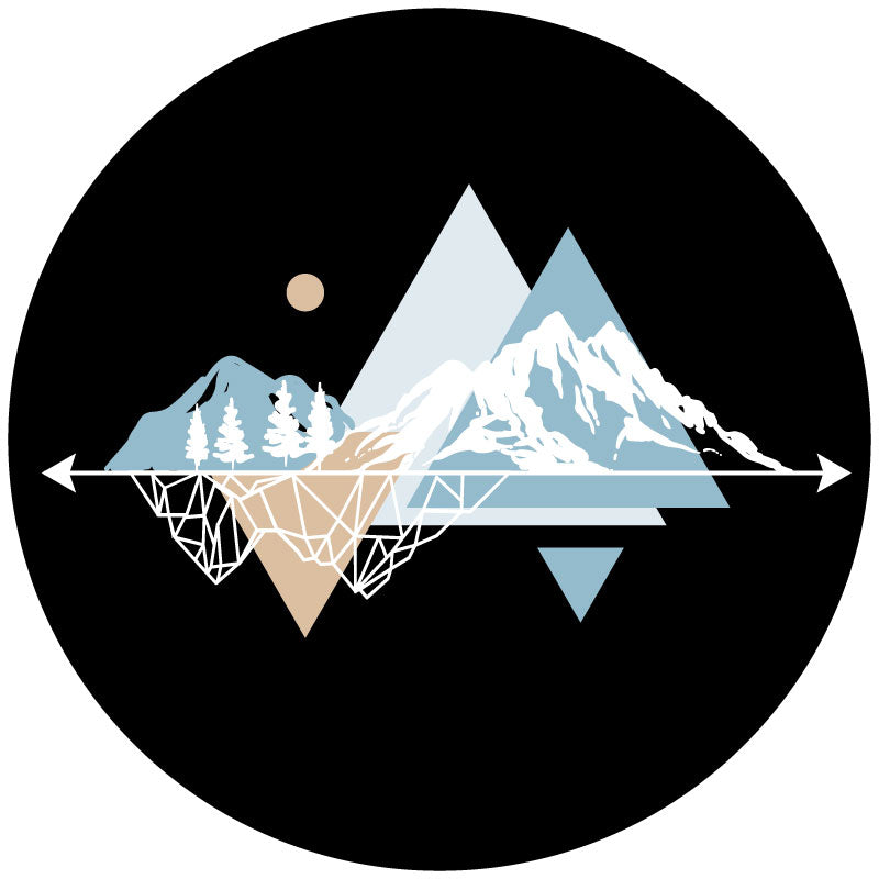 A mockup example of a unique and creative geometric and linear mountain landscape graphic design for a black vinyl spare tire cover