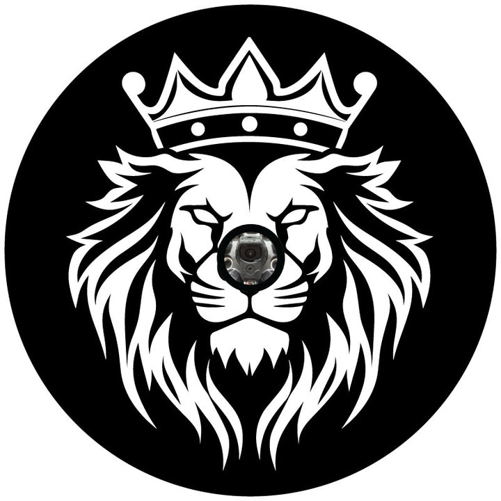 Black vinyl spare tire cover design mockup of a fierce lion wearing a crown. Design is made to fit spare tire covers that need backup camera holes.