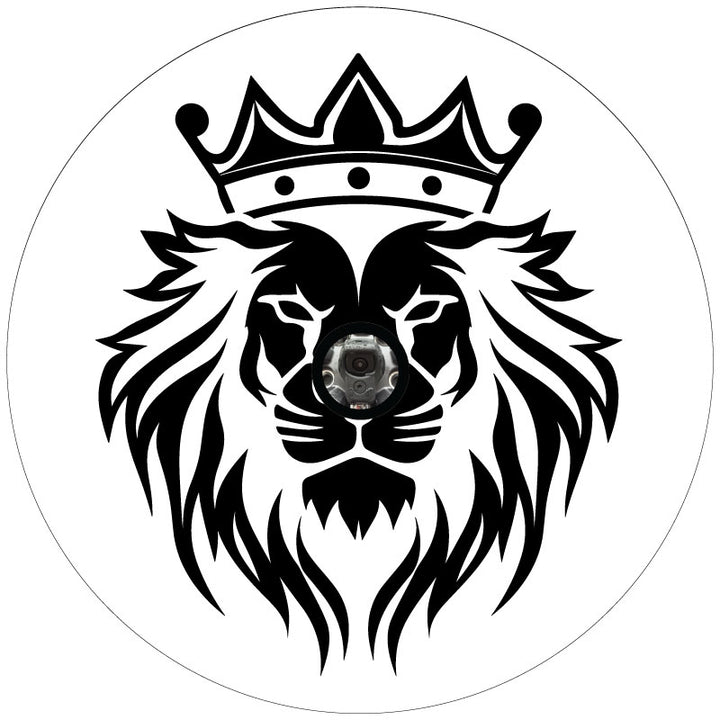 White vinyl spare tire cover design mockup of a fierce lion wearing a crown. Design is made to fit spare tire covers that need backup camera holes.