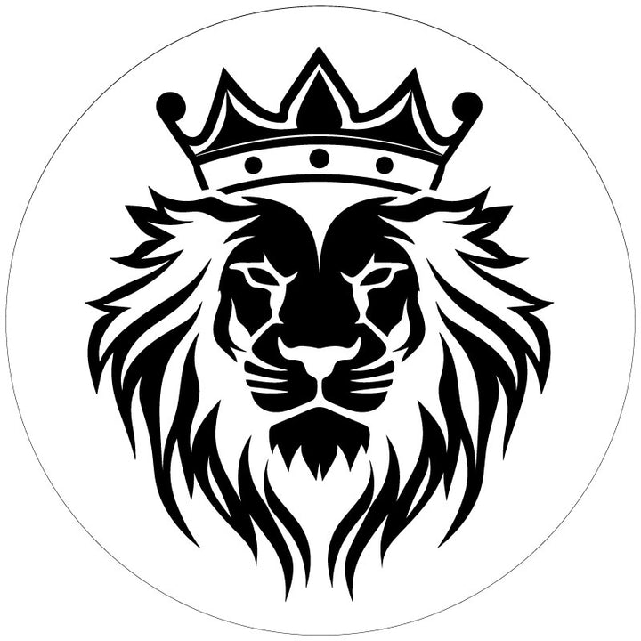 White vinyl spare tire cover design mockup of a fierce lion wearing a crown