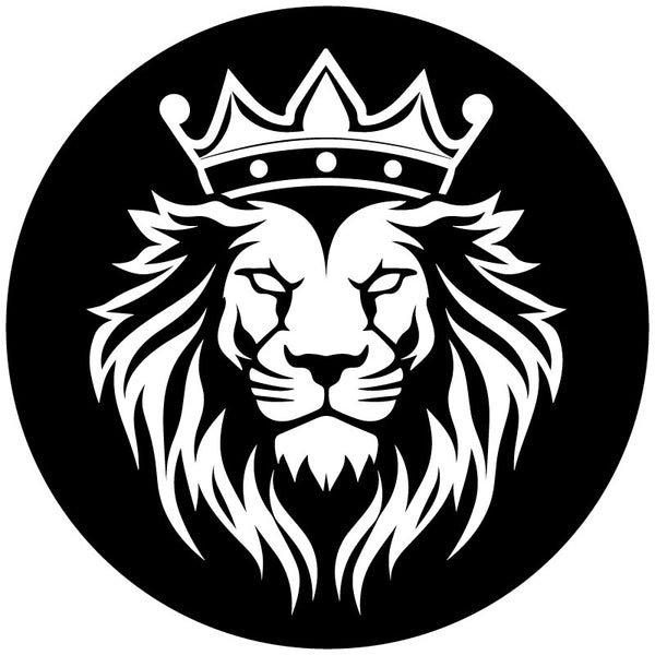 Black vinyl spare tire cover design mockup of a fierce lion wearing a crown