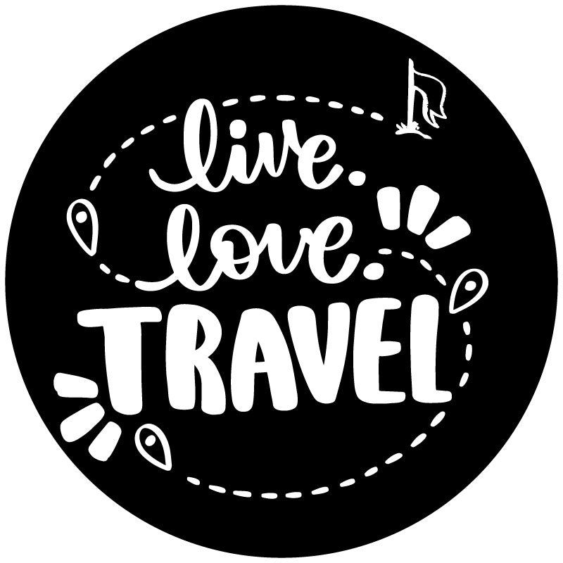 A mockup of a black vinyl spare tire cover for campers, rv, jeeps, broncos, vans, and more that says live. love. travel. in cute font typography designs.
