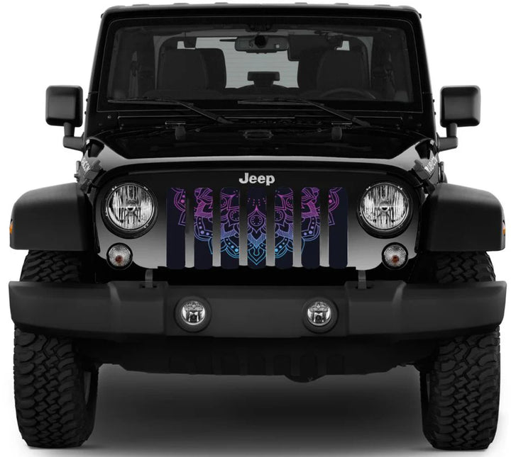 Purple and Blue ombre colored lotus mandala flower design on a grille insert for a Jeep Wrangler displayed on a black Jeep Wrangler