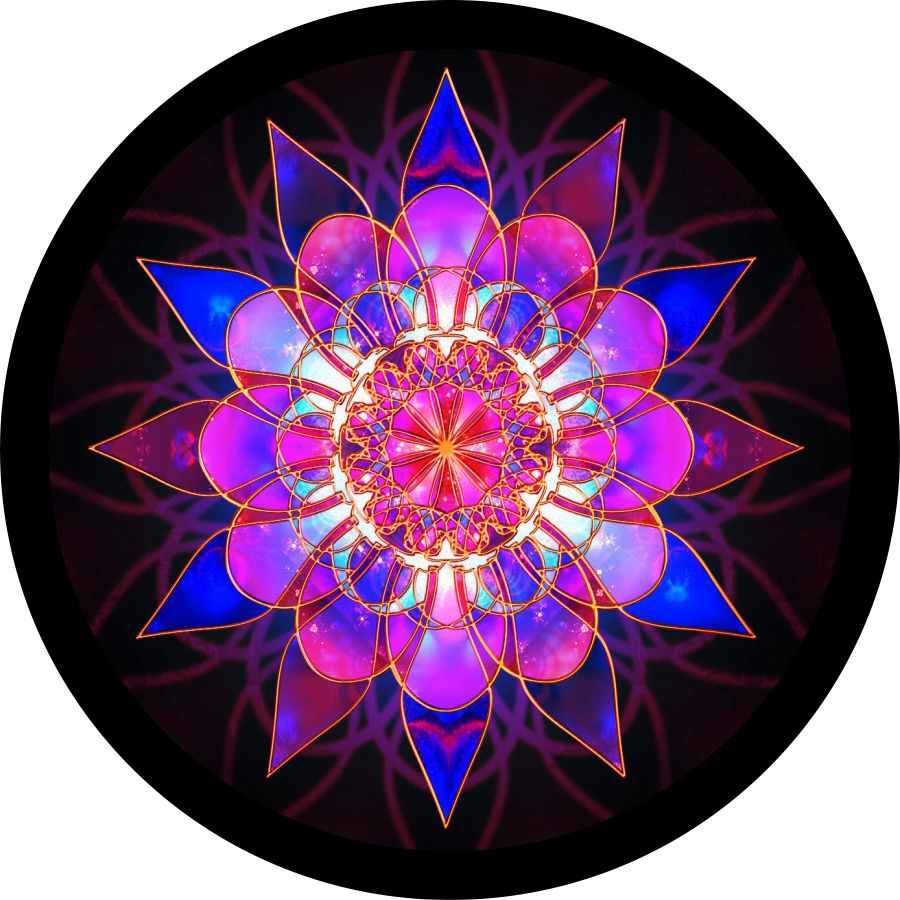 Magenta Pink Crystal Mandala Spare Tire Cover design. Beautiful stained glass lotus mandala flower as a design on a black vinyl spare tire cover for RV, Jeep Wrangler, camper, Bronco, van, and more.
