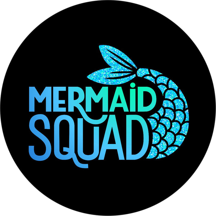 Blue and turquoise sparkle mermaid tail with the text mermaid squad spare tire cover on a black vinyl cover. 