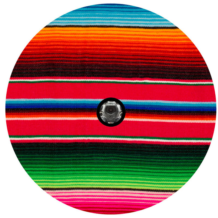 Serape Mexican blanket print design spare tire cover with a back up camera hole