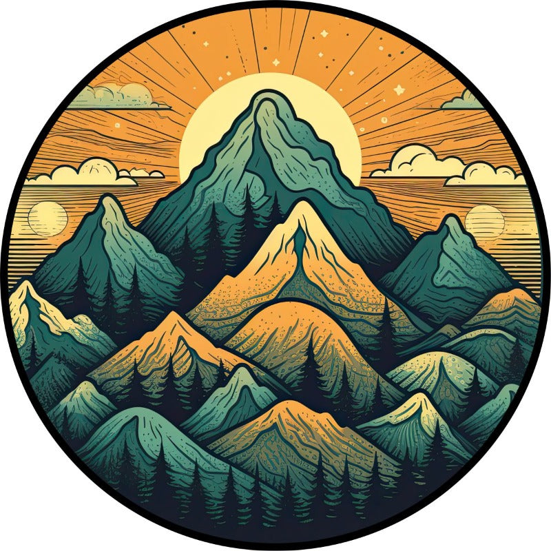 Spare tire cover design for Jeep, RV, Bronco, Trailers, campers, vans, and more showing layers of mountains in a teal color with vibrant orange at sunset in a vintage or retro style drawn design.