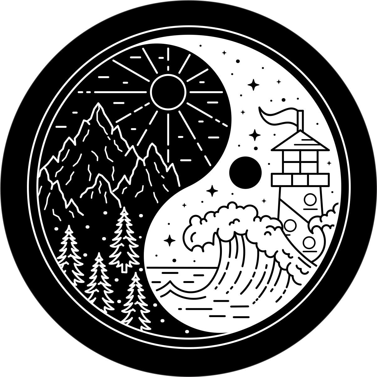 Yin yang spare tire cover design with mountains on one side and the beach and lighthouse on the other side of the yin yang symbol