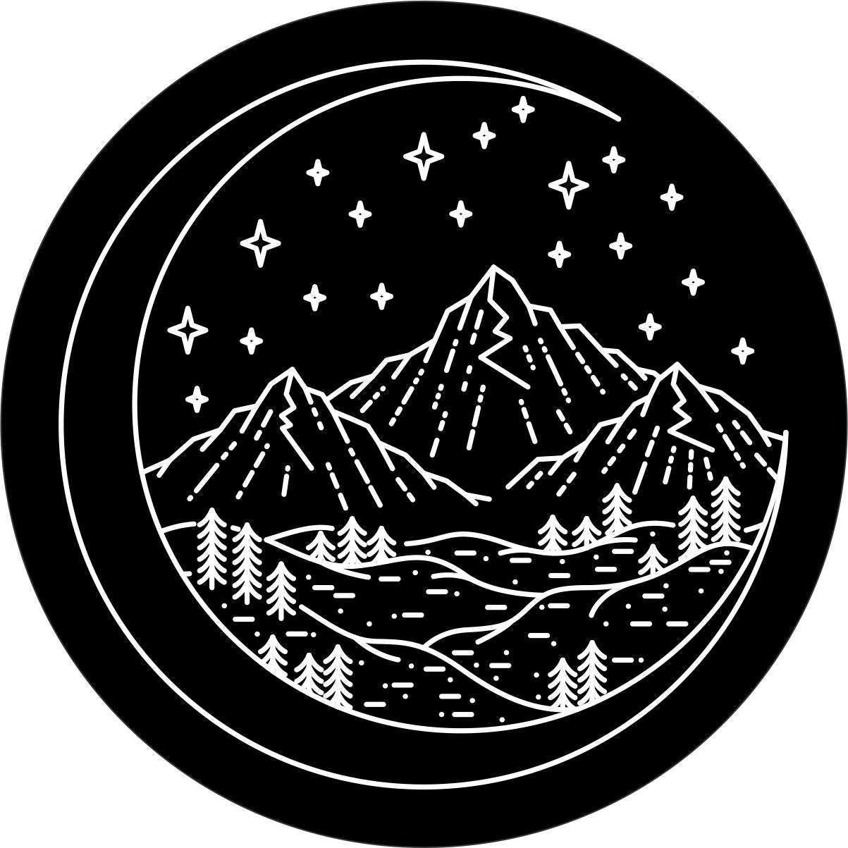 A unique spare tire cover design of a mountain scene designed int a crescent moon.