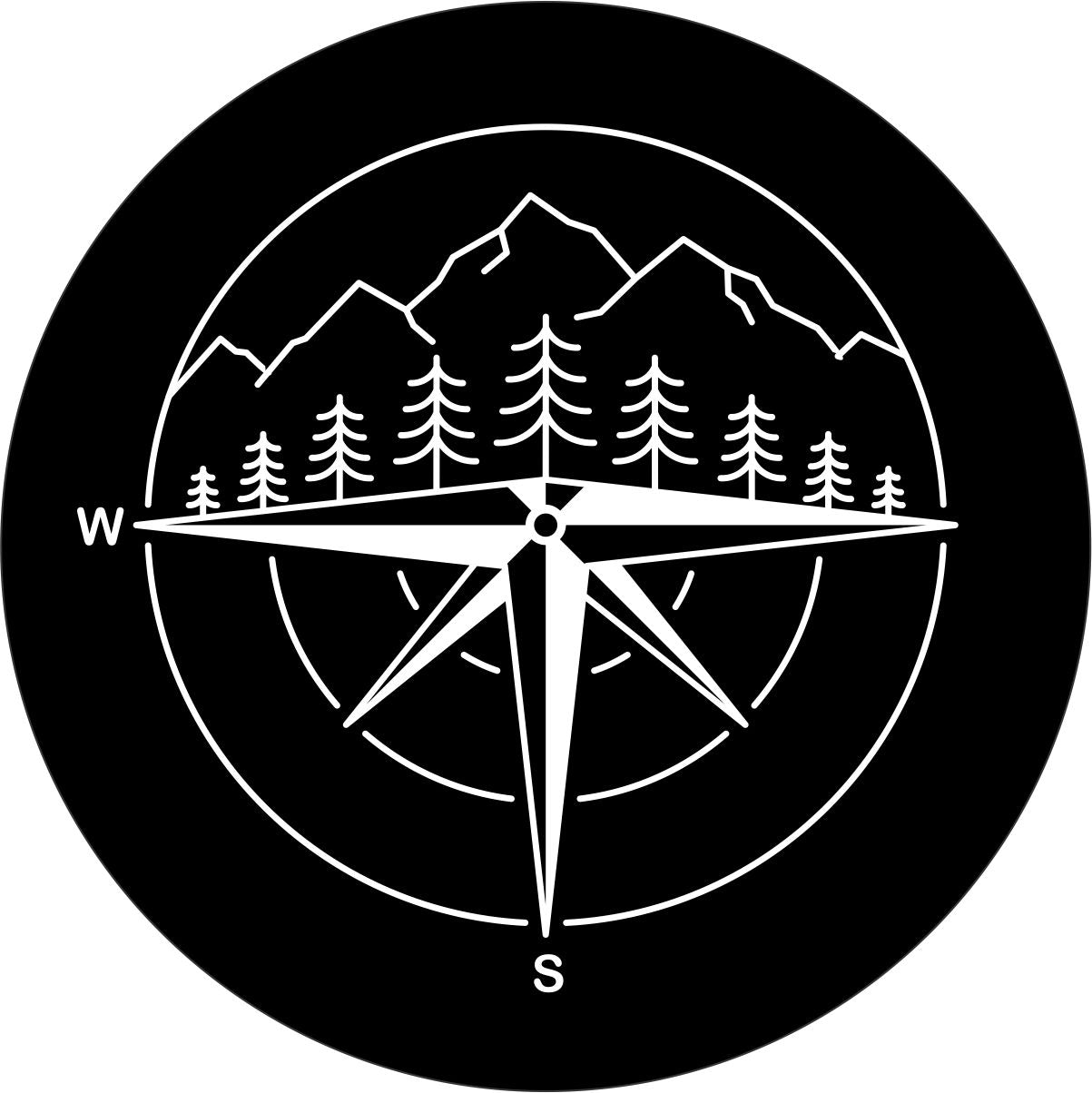Bottom half of a compass showing south and west with a silhouette of mountains on the north side as a spare tire cover design for any vehicle