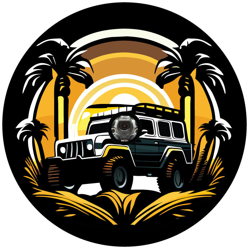 Illustrated design of a Jeep Wrangler off road in the woods in between palm trees spare tire cover design for Jeep with a center cut out hole for a backup camera.