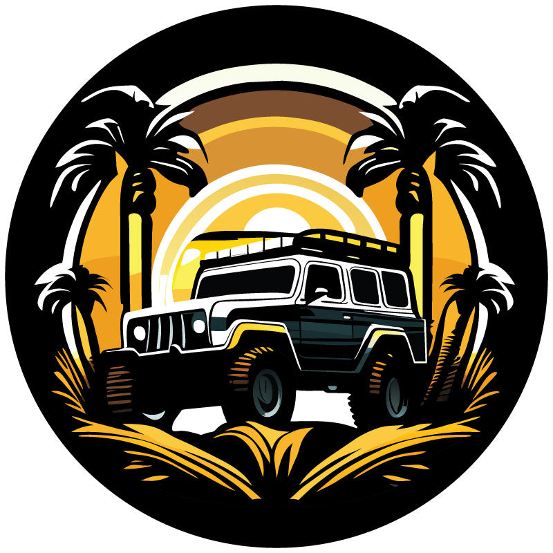 Illustrated design of a Jeep Wrangler off road in the woods in between palm trees spare tire cover design for Jeep.