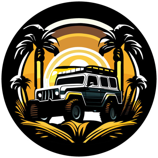 Illustrated design of a Jeep Wrangler off road in the woods in between palm trees spare tire cover design for Jeep.