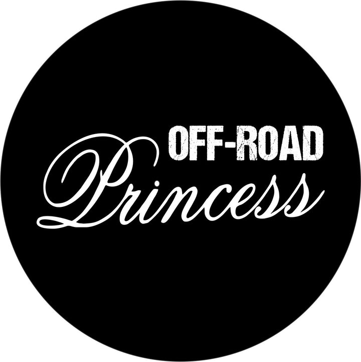 Cute text on a black vinyl spare tire cover that says Off-Road Princess