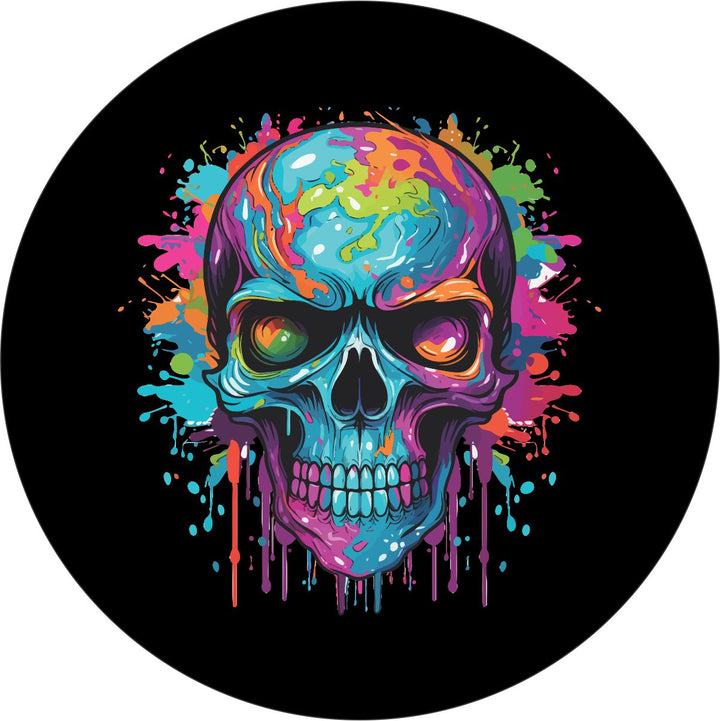 Colorful spare tire cover design of a watercolor paint splatter skull on black vinyl for Jeeps, Broncos, RVs, Campers, and more. 