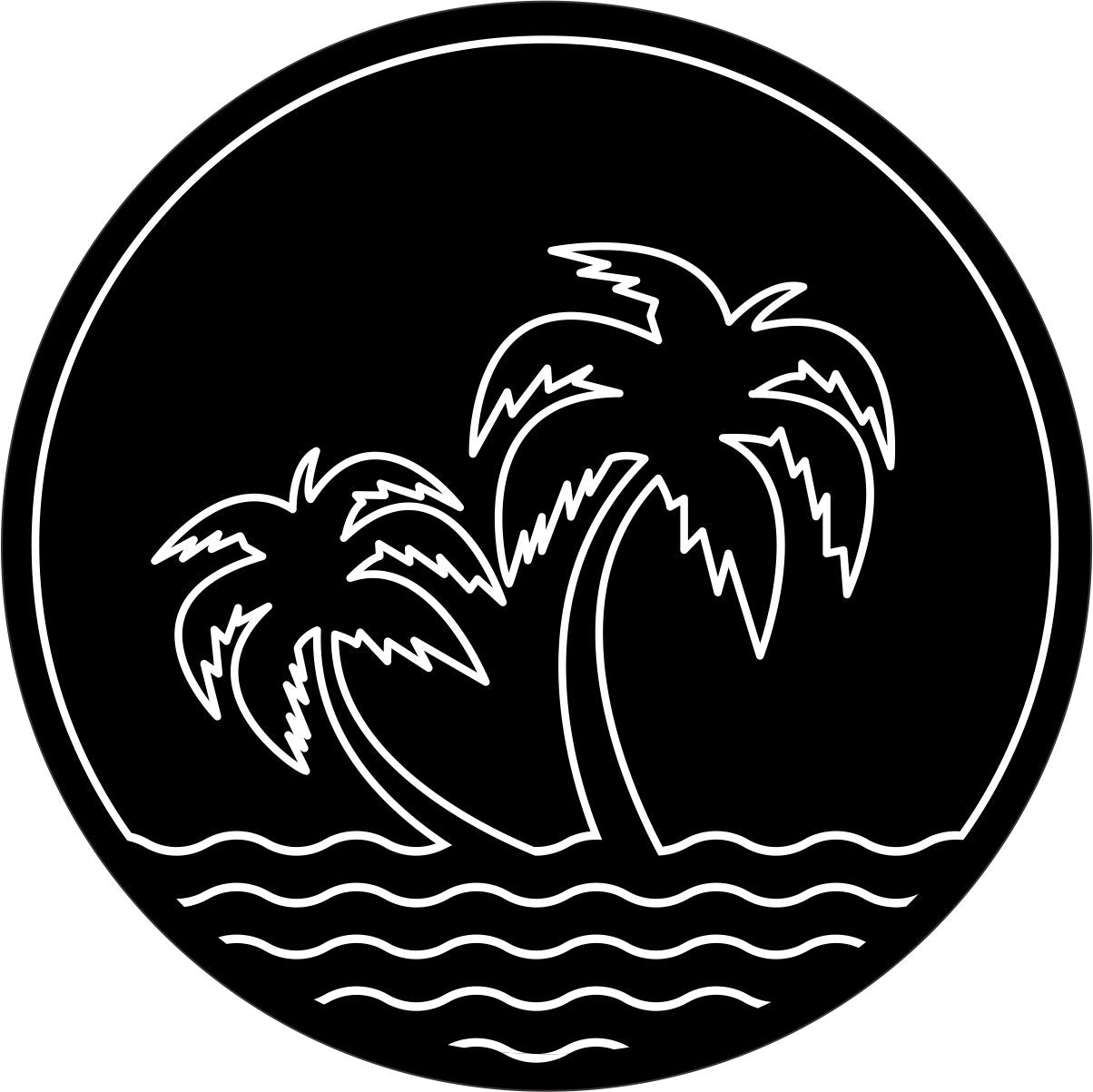 Simple line art palm trees on the water spare tire cover design on black vinyl for Jeeps, Broncos, RV, campers, vans, and any other vehicle with an exterior spare tire. 