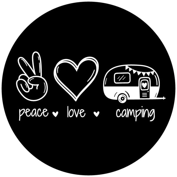 Spare tire cover for campers that says peace, love, camping with a hand peace sign icon, heart, and a cute hand drawn RV camper.