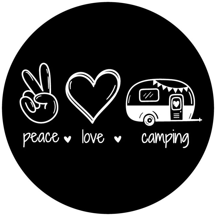 Spare tire cover for campers that says peace, love, camping with a hand peace sign icon, heart, and a cute hand drawn RV camper.