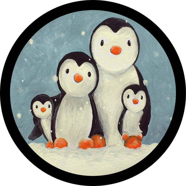 Spare tire cover design mockup of a cute penguin family of four on a black vinyl soft spare tire cover