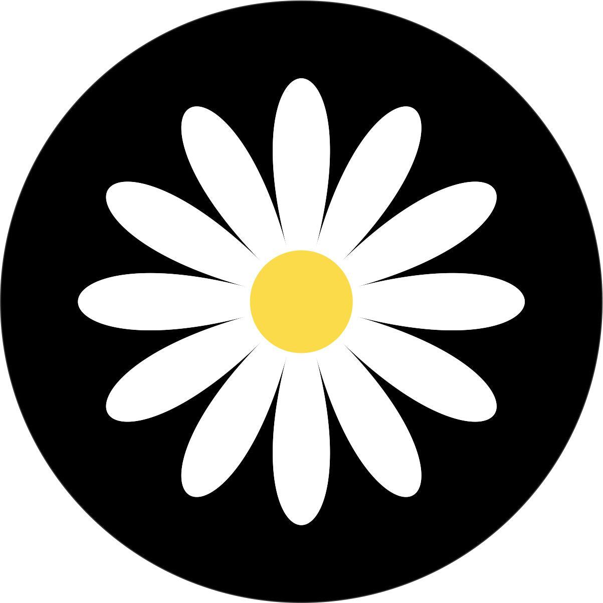 Black vinyl spare tire cover with a white daisy and yellow center. Simple spare tire cover design of a plain two color daisy.
