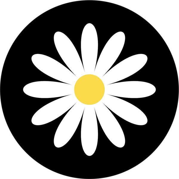 Black vinyl spare tire cover with a white daisy and yellow center. Simple spare tire cover design of a plain two color daisy.