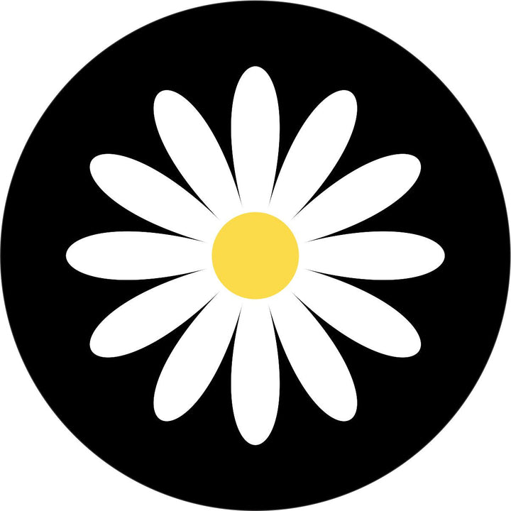 Black vinyl spare tire cover with a white daisy and yellow center. Simple spare tire cover design of a plain two color daisy.