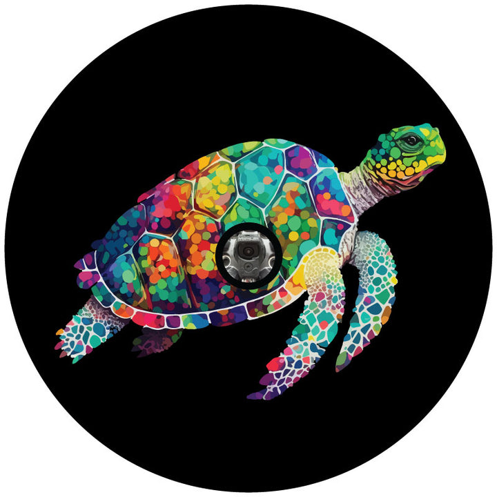 Multicolor pop art design of a sea turtle on a mock up spare tire cover with a hole for a backup camera