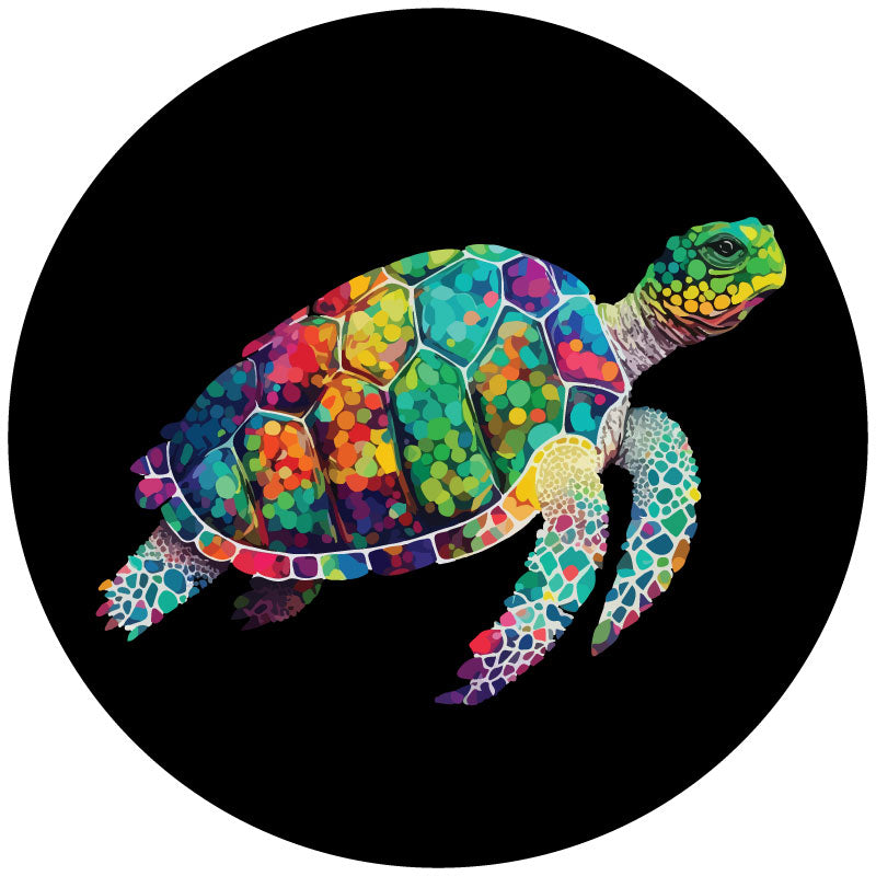Multicolor pop art design of a sea turtle on a mock up spare tire cover