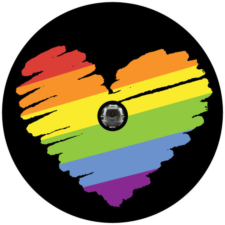 Black vinyl spare tire cover for any vehicle including Jeep, Bronco, RV, camper, trailers, sprinter vans, Volkswagen vans and more with a creatively scribbled rainbow in the shape of a heart to represent pride and love equality for all. Shows design for spare tire with a back up camera.