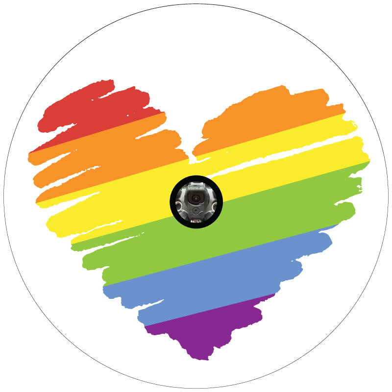 White vinyl spare tire cover for any vehicle including Jeep, Bronco, RV, camper, trailers, sprinter vans, Volkswagen vans and more with a creatively scribbled rainbow in the shape of a heart to represent pride and love equality for all. Shows design for spare tire with a back up camera.