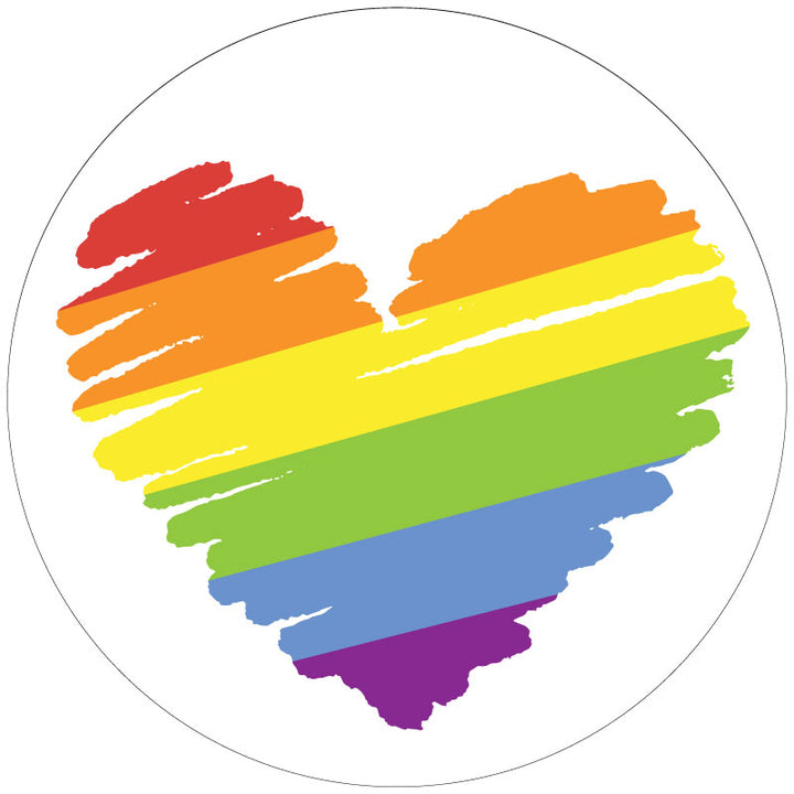 White vinyl spare tire cover for any vehicle including Jeep, Bronco, RV, camper, trailers, sprinter vans, Volkswagen vans and more with a creatively scribbled rainbow in the shape of a heart to represent pride and love equality for all.