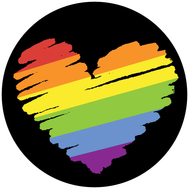 Black vinyl spare tire cover for any vehicle including Jeep, Bronco, RV, camper, trailers, sprinter vans, Volkswagen vans and more with a creatively scribbled rainbow in the shape of a heart to represent pride and love equality for all.
