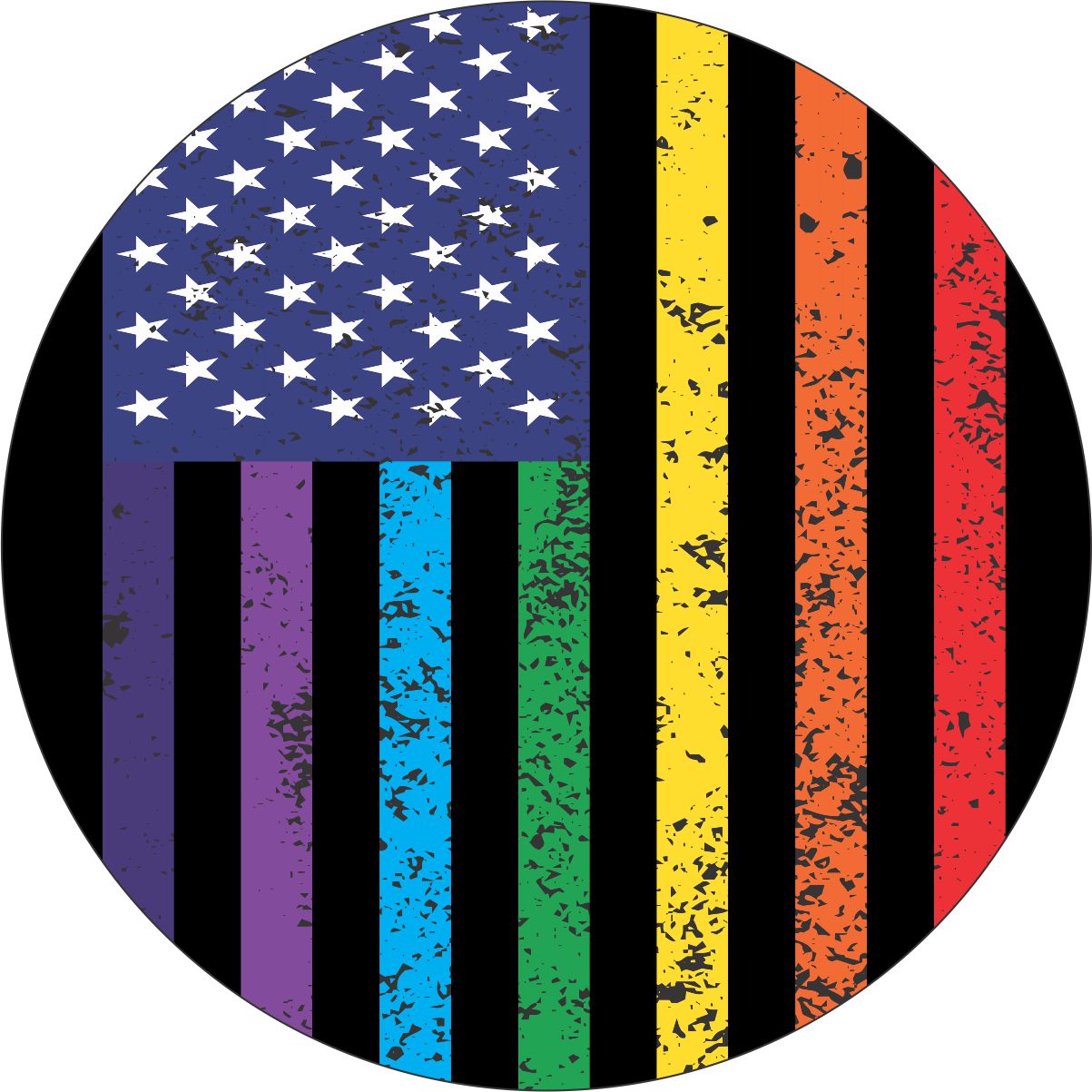 Black vinyl spare tire cover design of what looks like an American flag with white stars but with distressed rainbow colors for stripes in red, orange, yellow, green, blue, indigo, and violet.