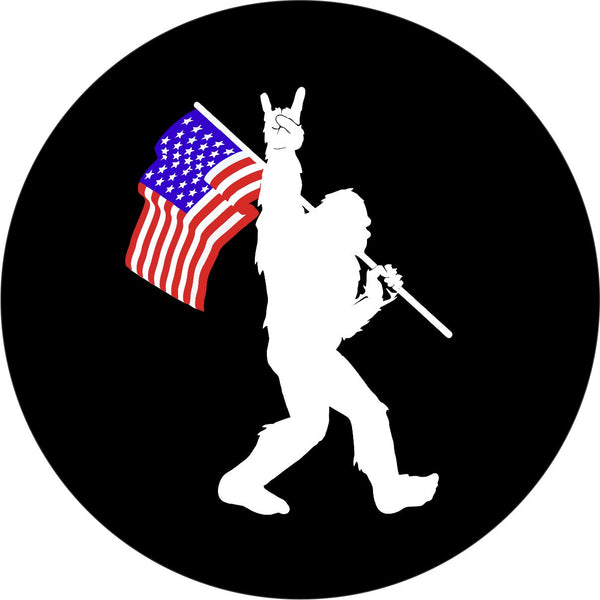 Rock On Bigfoot Sasquatch American Flag ( COLOR ) Spare Tire Cover for Bronco, Jeep, RV Camper, & More