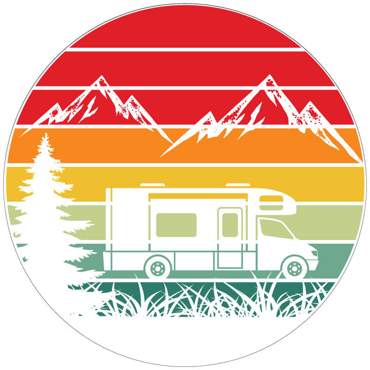 Mockup example of a white vinyl spare tire cover design for a motorcoach or RV camper. Colorful striped background with silhouettes of mountains, RV, and nature.