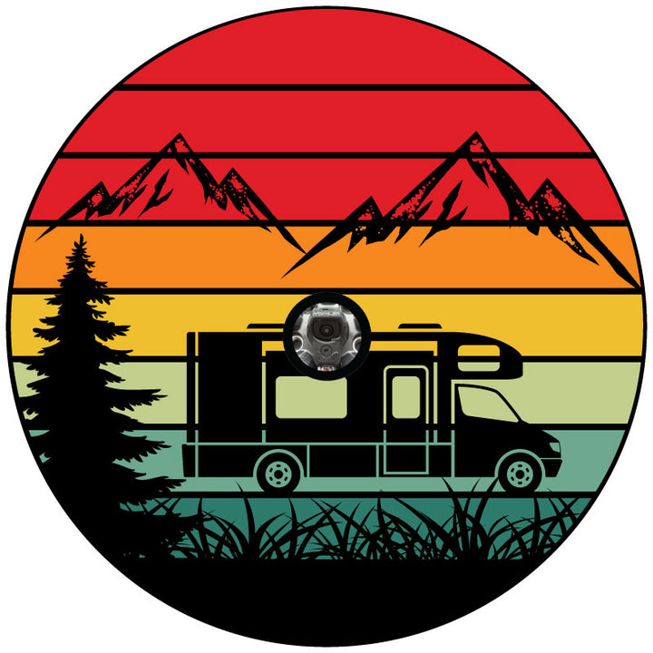 Mockup example of a vinyl spare tire cover design for a motorcoach or RV camper. Colorful striped background with silhouettes of mountains, RV, and nature with a camera hole in the center if you need space for a spare wheel that has a backup camera