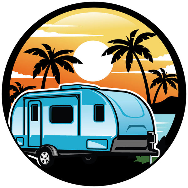 A colorful beachside scene with an RV spare tire cover design mockup example for a soft vinyl spare tire cover