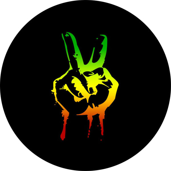  green, yellow, orange, red ombre rastafarian colored peace sign hand spare tire cover design 